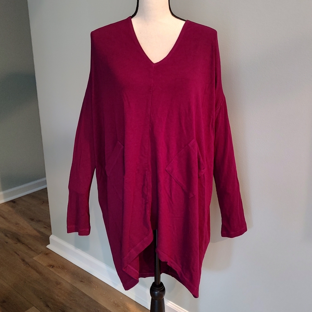 Bryn Walker Alexis Asymmetric V-Neck Lagenlook Magenta Tunic Top Size M Made USA